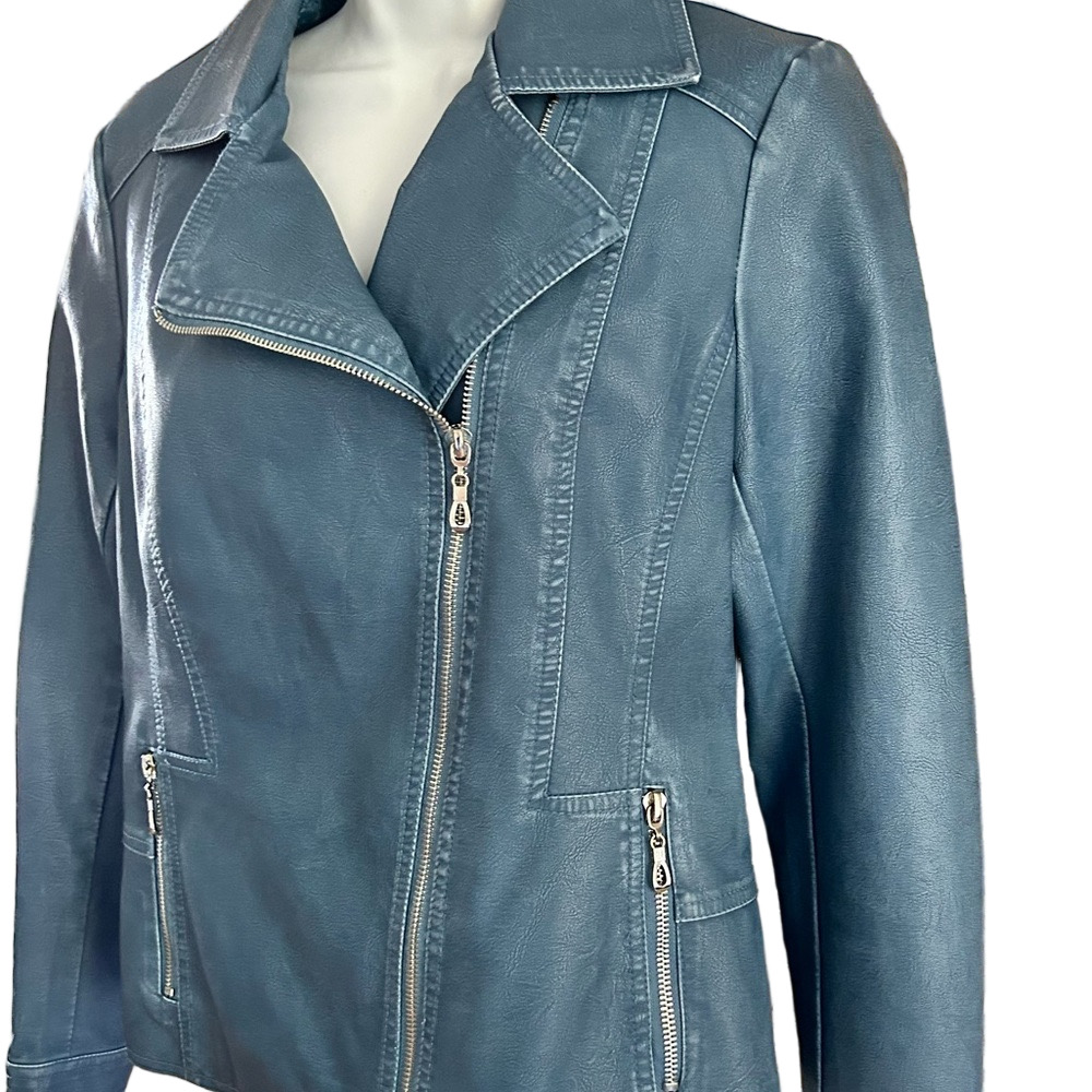 CLEO Blue Vegan Leather Moto Cut Jacket S - Picture 2 of 11